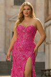 Fuksjowa syrena bez ramiączek gorset, 3D kwiaty, cekinowe długie sukienki na bal plus size z rozcięciem