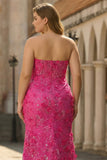 Fuksjowa syrena bez ramiączek gorset, 3D kwiaty, cekinowe długie sukienki na bal plus size z rozcięciem