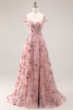 Blush Flower Off the Shoulder A Line Długa sukienka na studniówkę z rozcięciem