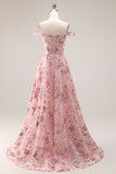 Blush Flower Off the Shoulder A Line Długa sukienka na studniówkę z rozcięciem