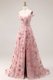 Blush Flower Off the Shoulder A Line Długa sukienka na studniówkę z rozcięciem