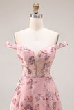Blush Flower Off the Shoulder A Line Długa sukienka na studniówkę z rozcięciem