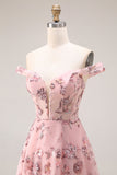 Blush Flower Off the Shoulder A Line Długa sukienka na studniówkę z rozcięciem