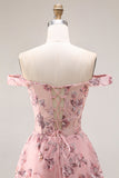Blush Flower Off the Shoulder A Line Długa sukienka na studniówkę z rozcięciem