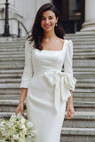 Ivory Bodycon Kwadratowa Szyja Suknia Ślubna Midi Z Rękawami