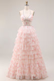 Halter A-line Candy Pink Gorset, kwiatowa, wielopoziomowa długa sukienka balbalowa z perłami