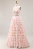 Halter A-line Candy Pink Gorset, kwiatowa, wielopoziomowa długa sukienka balbalowa z perłami