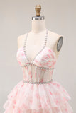 Halter A-line Candy Pink Gorset, kwiatowa, wielopoziomowa długa sukienka balbalowa z perłami