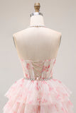 Halter A-line Candy Pink Gorset, kwiatowa, wielopoziomowa długa sukienka balbalowa z perłami