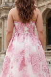 Różowa żakariuszowa sukienka na bal bez ramiączek w linii A, długa plus size sukienka na bal maturalny z rozcięciem