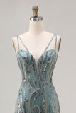 Błyszcząca szara zielona syrena z cekinami długa sukienka na studniówkę
