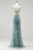 Szaro-zielona syrena z koralikami bez pleców – długa sukienka na bal balowy z rozcięciem