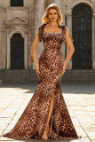 Brązowa kokardka z paskami i koparkowatymi koparkami, długa sukienka balowa z rozcięciem