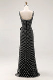 Błyszcząca Czarny Syrenka Długa Sukienka Na Studniówkę z Koralikami