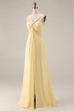 Cytrynowy sorbet A Line Szyfonowa długa sukienka druhny z rozcięciem
