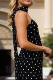 Bezramiączkowa pochwa, czarne białe kropki, długa sukienka z kabrioletem