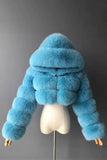 Królewsko niebieski futro z kapturem – pogrubione damskie futro
