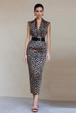 Brązowa sukienka do pracy z satynowym midi z brązowym leopardem w bodycon i wzór