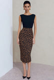 Bodycon Black and Brown Leopard Boat Neck Midi Work Dress z rozcięciem