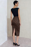 Bodycon Black and Brown Leopard Boat Neck Midi Work Dress z rozcięciem