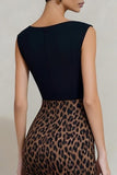Bodycon Black and Brown Leopard Boat Neck Midi Work Dress z rozcięciem