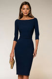 Granatowa suknia robocza z kołnierzem Bateau Midi Work Dress z 3/4 rękawami