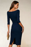 Granatowa suknia robocza z kołnierzem Bateau Midi Work Dress z 3/4 rękawami