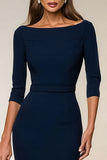 Granatowa suknia robocza z kołnierzem Bateau Midi Work Dress z 3/4 rękawami