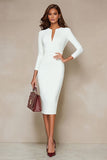 Ivory Bodycon Round-Neck Midi Work Dress z 3/4 rękawami