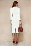 Ivory Bodycon Round-Neck Midi Work Dress z 3/4 rękawami