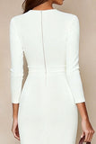 Ivory Bodycon Round-Neck Midi Work Dress z 3/4 rękawami