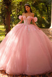 Błyszcząca różowa suknia balowa z odkrytymi ramionami na suknię Quinceanera