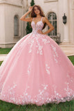 Różowa suknia balowa z aplikowanymi szyjkami na ramiączka Quinceanera