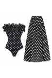Black White Dots – 2-częściowy kostium kąpielowy bez ramiączek z falbanami i zakrywczą spódnicą