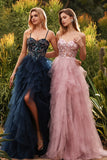 Różowa sukienka na bal z aplikowanym tiulem i ramiączkami spaghetti z różowymi falbankami