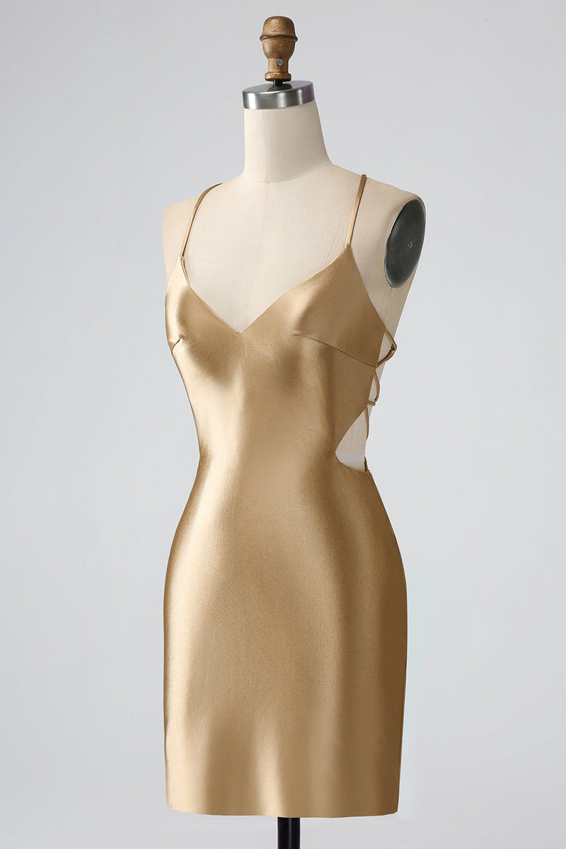 Załaduj obraz do przeglądarki galerii, Złote Cienkich Ramiączkach Satynowa Sznurowany Tył Sukienki Koktajlowe