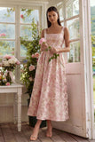 Blush Jacquard A Line Square Neck Midi sukienka z koronką na plecach