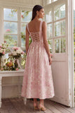 Blush Jacquard A Line Square Neck Midi sukienka z koronką na plecach