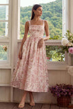 Blush Jacquard A Line Square Neck Midi sukienka z koronką na plecach