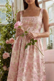 Blush Jacquard A Line Square Neck Midi sukienka z koronką na plecach