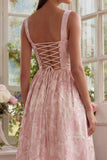 Blush Jacquard A Line Square Neck Midi sukienka z koronką na plecach