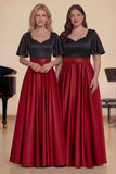 , czerwona satynowa długa sukienka chórowa w kształcie litery A z krótkimi rękawami