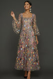 Mauve Floral A Line Haftowana suknia na bal