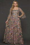 Mauve Floral A Line Haftowana suknia na bal