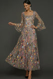 Mauve Floral A Line Haftowana suknia na bal