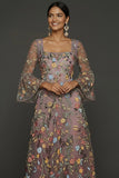 Mauve Floral A Line Haftowana suknia na bal