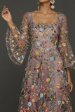 Mauve Floral A Line Haftowana suknia na bal