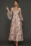 Mauve Floral A Line Haftowana suknia na bal