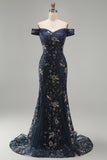 Sukienka matki panny młodej z odkrytymi ramionami w kwiaty z koralikami