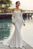 Słoniowa z odsłoniętymi ramionami Mermaid Sweep Train Boho Wedding Dress z koronkowymi rękawami